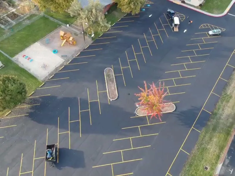 Parking lot striping services near Boise and Nampa, Idaho– aerial view of yellow line striping