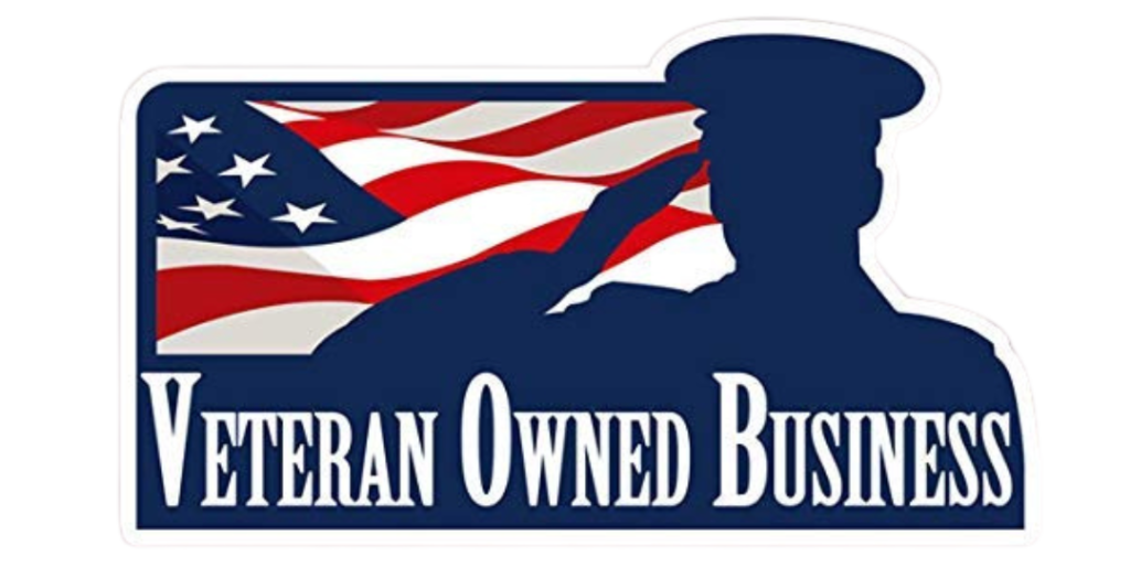 Dark blue silhouette of a military member saluting over the American flag with "Veteran Owned Business" text in white.
