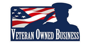Dark blue silhouette of a military member saluting over the American flag with "Veteran Owned Business" text in white.