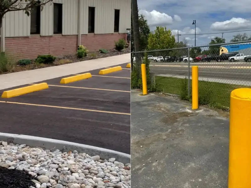 Protecting property and keeping parking organized across Treasure Valley, Idaho — bollards and parking blocks installed.