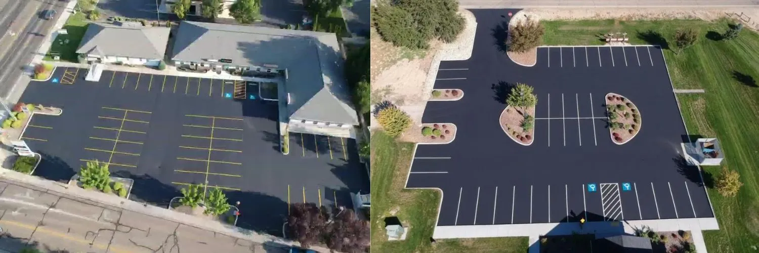 Parking lot striping services near Boise, ID shown in an aerial view of a freshly striped parking lot with bright yellow lines.