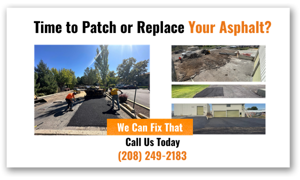 A rectangular pop-up advertisement with the headline: 'Time to Patch or Replace Your Asphalt?'. Below the text, there is a large photo of a paving crew working at a site,
