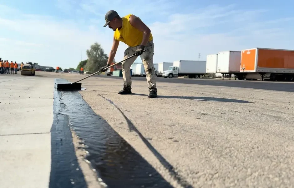 Superior Striping Crew Member Brushing Sealcoat Along Curb Edge in Large Commercial Lot in Nampa, Idaho