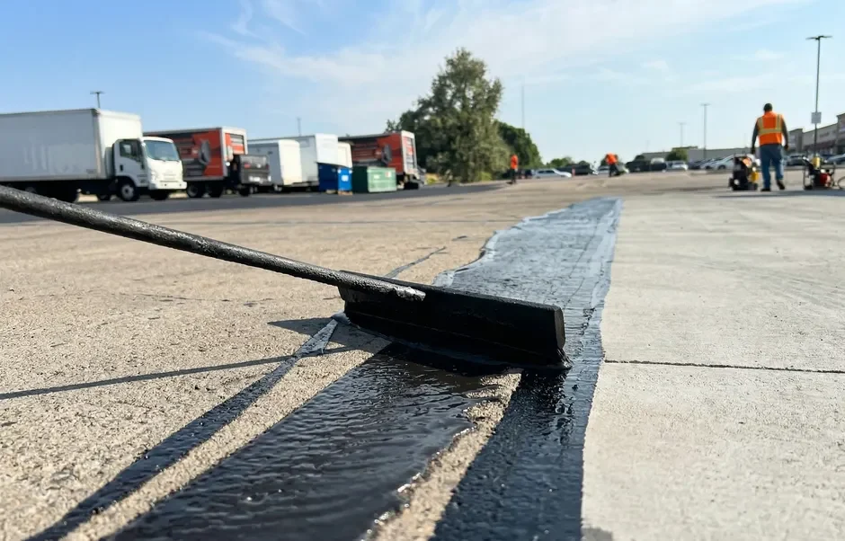 Large Commercial Parking Lot Sealcoating in Progress in Nampa, Idaho – Superior Striping
