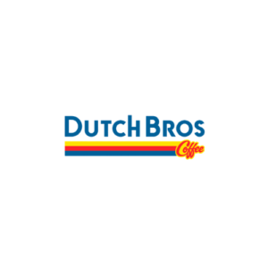 Dutch Bros Coffee logo with blue bold text and colorful red, yellow and blue horizontal stripes with orange cursive Coffee wordmark