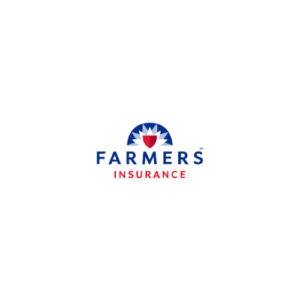 Farmers Insurance logo with a red shield emblem surrounded by a blue sunburst circle and bold blue text