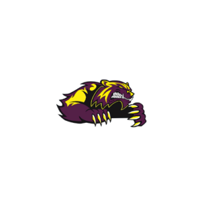 Aggressive bear mascot logo in purple and yellow with sharp claws and bared teeth on black background