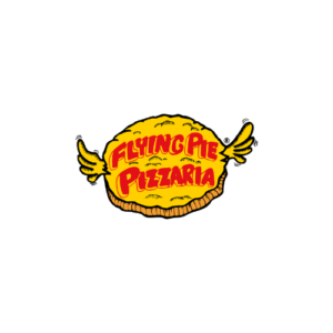 TextFlying Pie Pizzaria logo with a golden winged pizza pie illustration and bold red retro lettering on black background