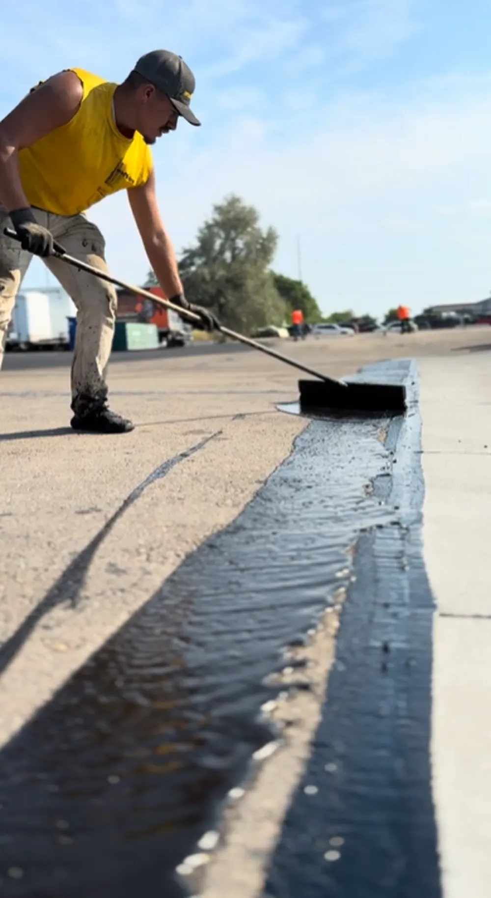 Close-up ground-level view of a Superior Striping technician in a yellow shirt spreading fresh wet asphalt sealcoat along a concrete curb with a push squeegee on a commercial parking lot in Nampa, Idaho