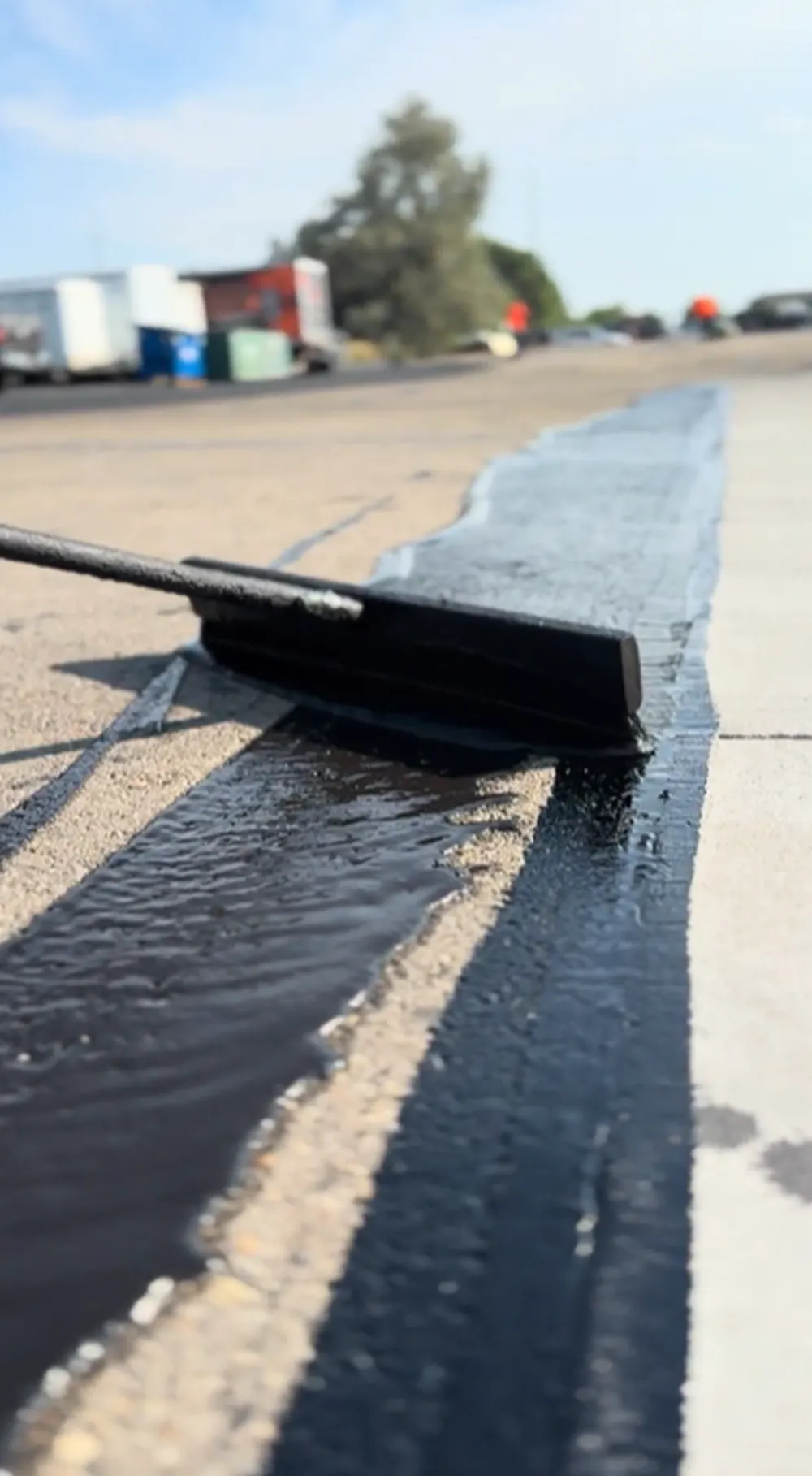 Ground-Level View of Asphalt Sealcoating Squeegee Applying Fresh Sealer Along Curb – Superior Striping Nampa ID