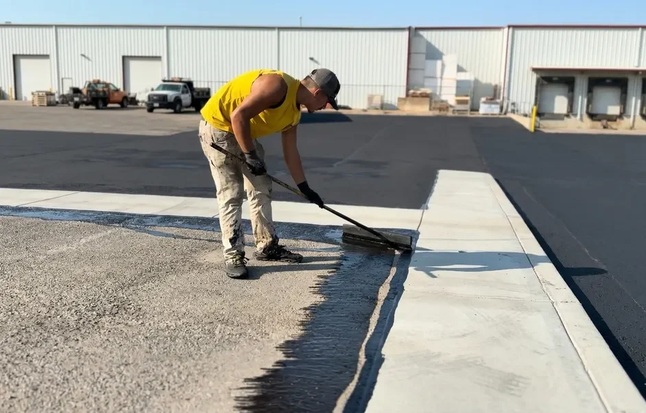 Superior Striping Worker Hand-Sealing Asphalt Edge Along Concrete Curb in Nampa, Idaho