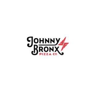 Johnny Bronx Pizza Co. logo with vintage black and white bold lettering and a red decorative lightning bolt accent