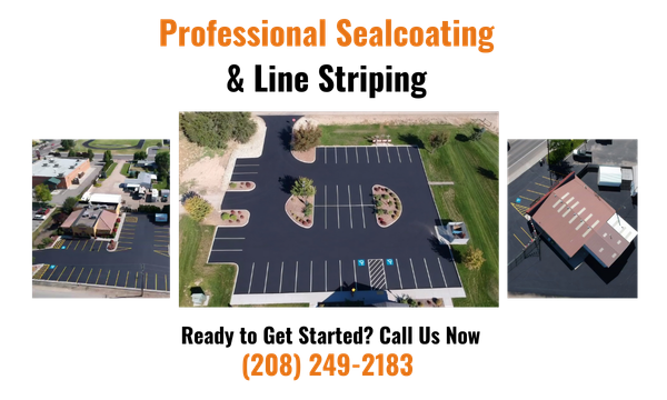 Promotional pop-up for Professional Sealcoating featuring three aerial photos of freshly sealed and striped commercial parking lots, along with the phone number (208) 249-2183.