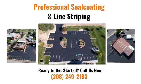 Pop-up banner for professional sealcoating and line striping services featuring aerial photos of finished parking lots and contact phone number.