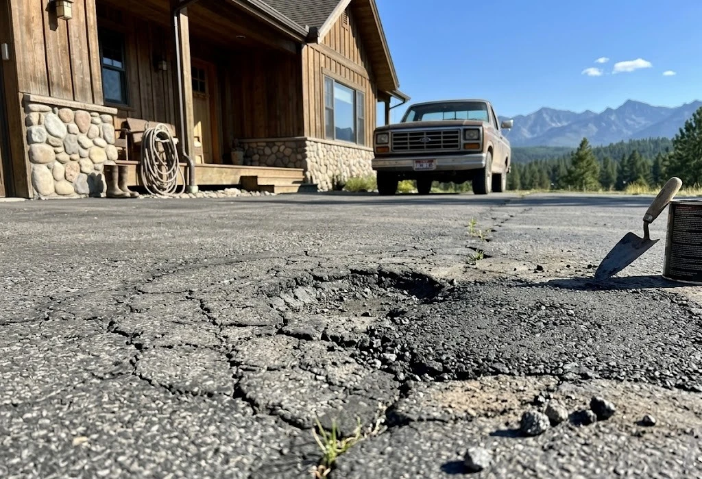 Cracked asphalt driveway with pothole in front of a rustic house and parked pickup truck in a mountain setting