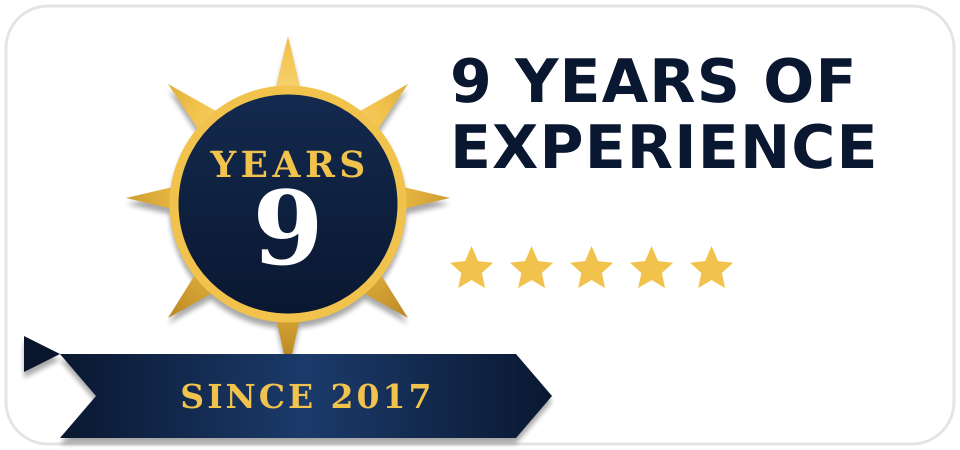 A dark blue circular badge with a gold sunburst border featuring the text "YEARS 9", next to the dark blue text "9 YEARS OF EXPERIENCE" and five gold rating stars, with a blue ribbon at the bottom reading "SINCE 2017".
