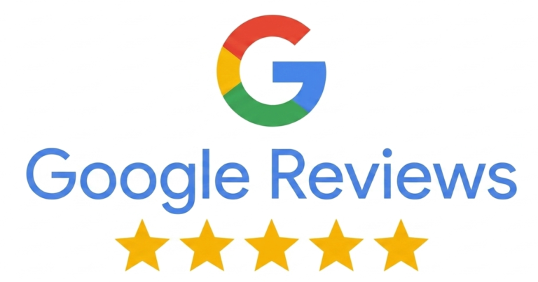 Multicolor Google logo icon above the blue text "Google Reviews" with five yellow rating stars at the bottom, isolated on a white background.