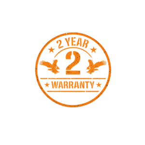 Orange circular stamp showing a 2-year warranty badge with eagle logos for Superior Striping services.