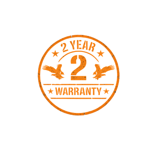 Orange circular stamp showing a 2-year warranty badge with eagle logos for Superior Striping services.
