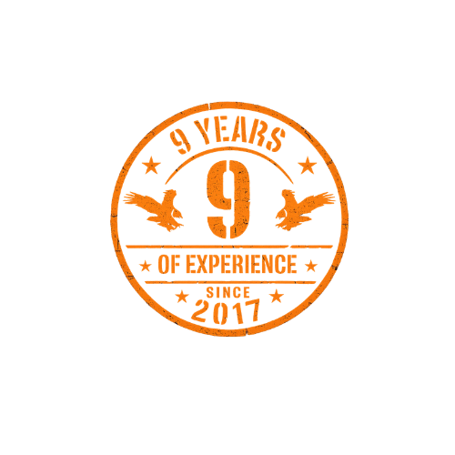 9 Years of Experience badge for Superior Striping, an orange circular grunge-style seal. The top arc reads "9 YEARS," with a large central "9" flanked by eagles. Below this, "OF EXPERIENCE" is printed between stars. The bottom arc displays "SINCE 2017" flanked by stars.