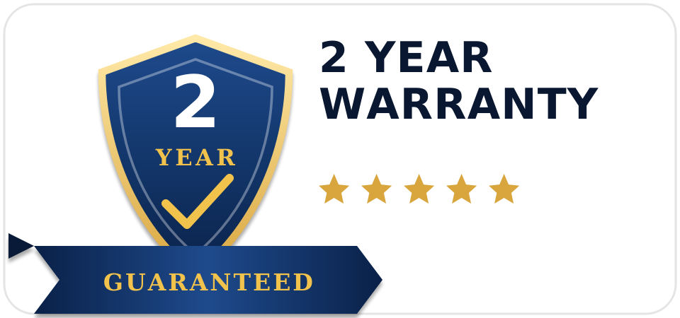 A blue and gold badge featuring a white number 2, the word "YEAR", and a gold checkmark, next to the dark blue text "2 YEAR WARRANTY" and five gold rating stars, with a blue "GUARANTEED" ribbon at the bottom left corner.