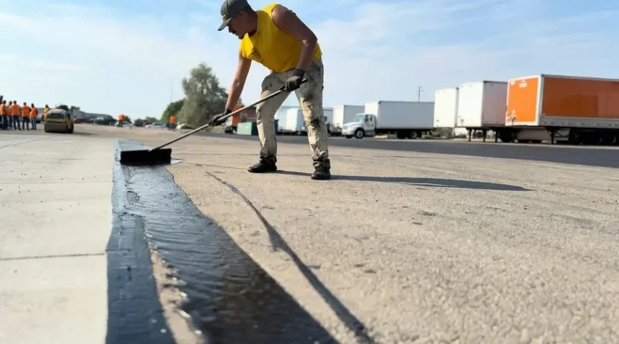 Low ground-level view of a Superior Striping worker in a yellow sleeveless shirt using a long-handled brush to apply fresh sealcoat along a concrete curb edge in a large commercial parking lot in Nampa, Idaho, with delivery trucks, a paving roller, and additional crew members in orange vests visible in the background.