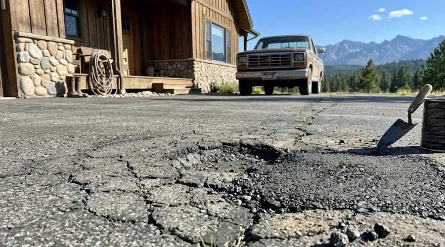 Cracked asphalt driveway with pothole in front of a rustic house and parked pickup truck in a mountain setting