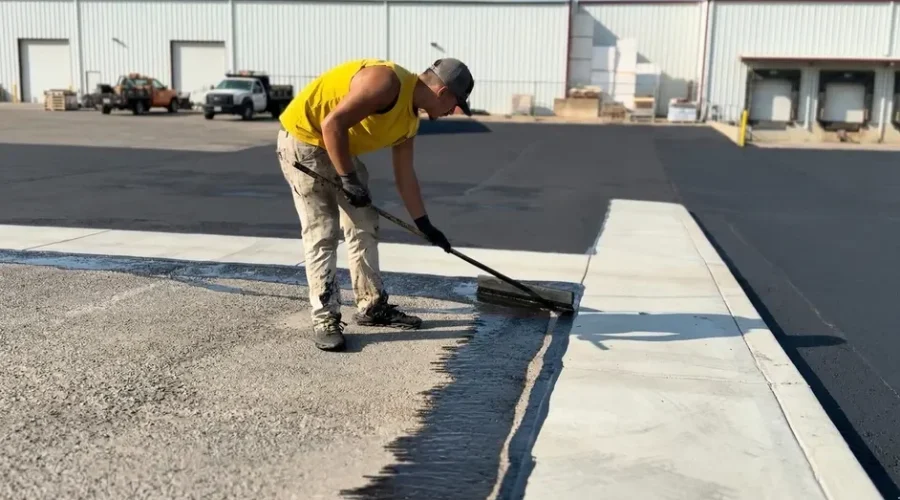A Superior Striping crew member in a yellow sleeveless shirt and cap bending down to carefully brush fresh sealcoat along the edge of a concrete curb on a commercial asphalt parking lot in Nampa, Idaho, with warehouse loading docks and work trucks visible in the background.